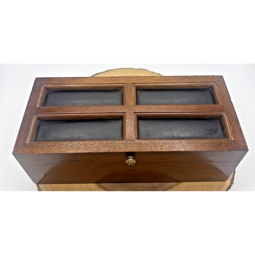 Vintage Apex Wood Jewelry Box Faux Leather Red Velvet Interior Japan 11”x5”3.75”